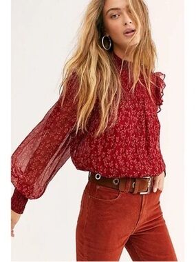 Free People Red Floral Smocked Blouse Ruffle Sleeve Boho Top S